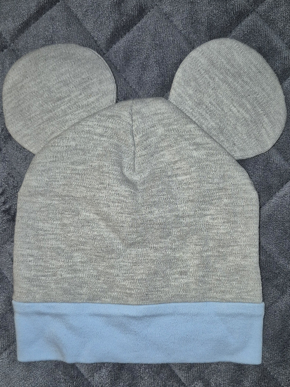 Kids Grey Knit Beanie with Light Blue Cuff and Ear Details